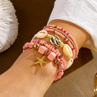 Lot de 8 Bracelet Coquillage Femme Rose Étoile Dorée