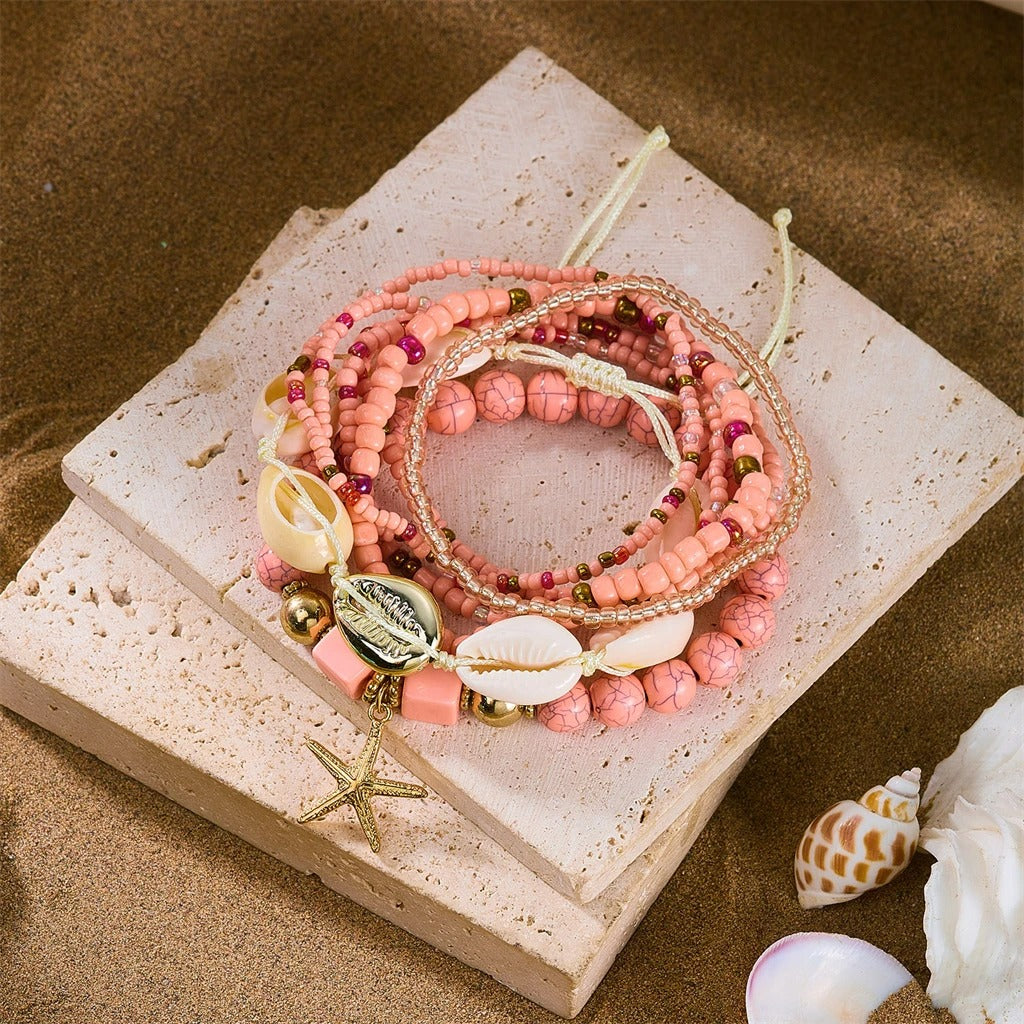 Lot de 8 Bracelet Coquillage Femme Rose Étoile Dorée