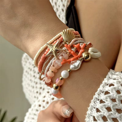 Lot Bracelets Coquillage Femme Corail Rose Doré
