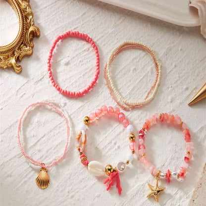 Lot Bracelets Coquillage Femme Corail Rose Doré