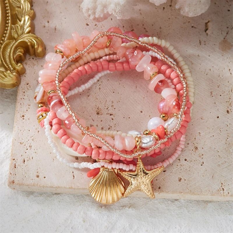 Lot Bracelets Coquillage Femme Corail Rose Doré