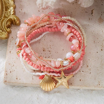 Lot Bracelets Coquillage Femme Corail Rose Doré