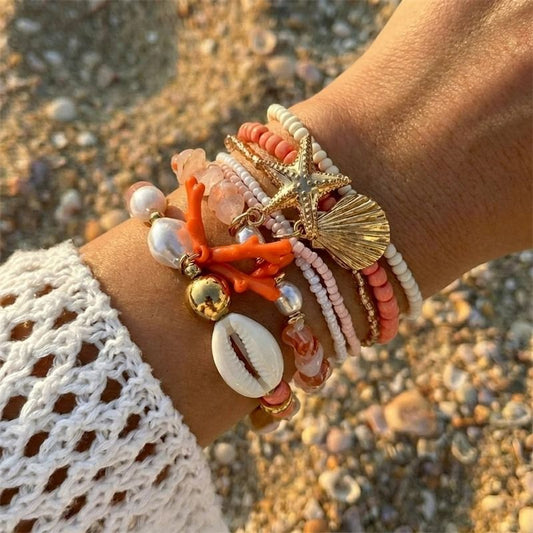 Lot Bracelets Coquillage Femme Corail Rose Doré