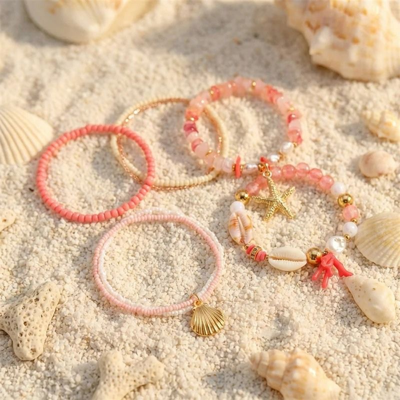 Lot Bracelets Coquillage Femme Corail Rose Doré