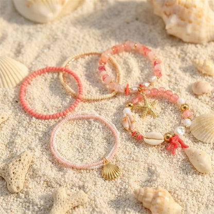 Lot Bracelets Coquillage Femme Corail Rose Doré