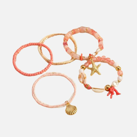 Lot Bracelets Coquillage Femme Corail Rose Doré