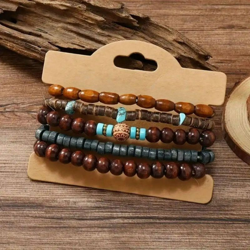 Lot Bracelets Homme Perles Bois Bohème