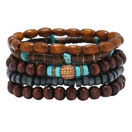 Lot de 5 Bracelet Homme Perle Bois et Turquoise