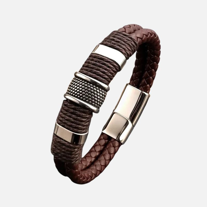 Bracelet Cuir Homme Marron Tressé - Acier Inoxydable