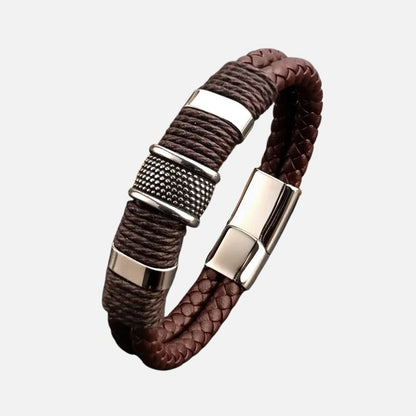 Bracelet Cuir Homme Marron Tressé - Acier Inoxydable